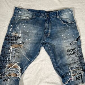 Smoke Rise Men's Distressed Blue Jeans with Writing Accents!